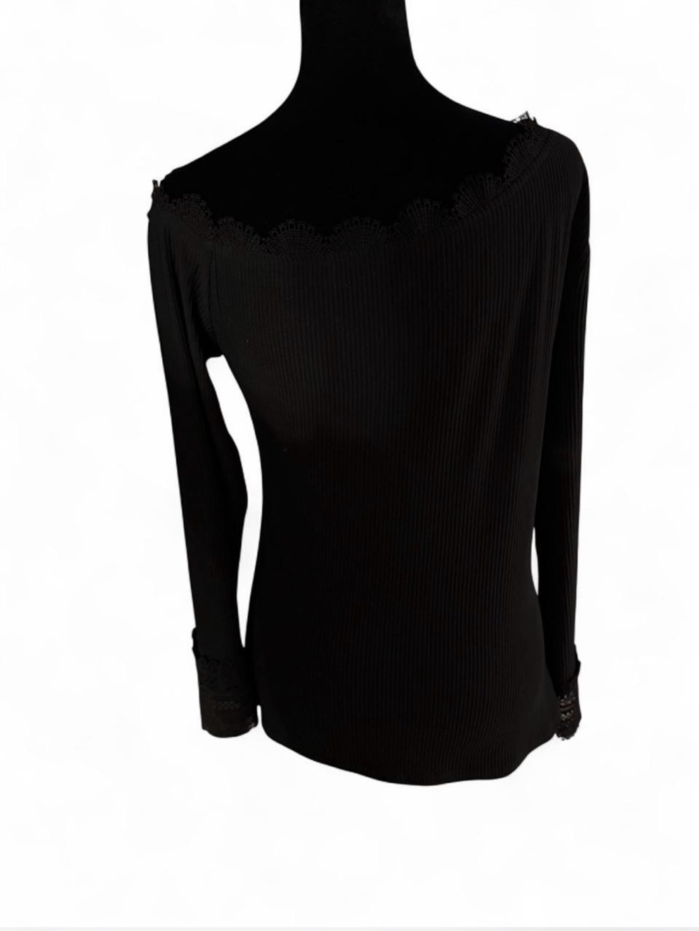 SHEIN Black Ribbed Off Shoulder Lace Trim Top Long Sleeve Fitted Blouse Size M - Picture 5 of 6